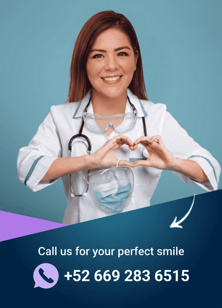 Dentist Dra Daisy Osuna smiling with heart gesture, promoting dental care services.