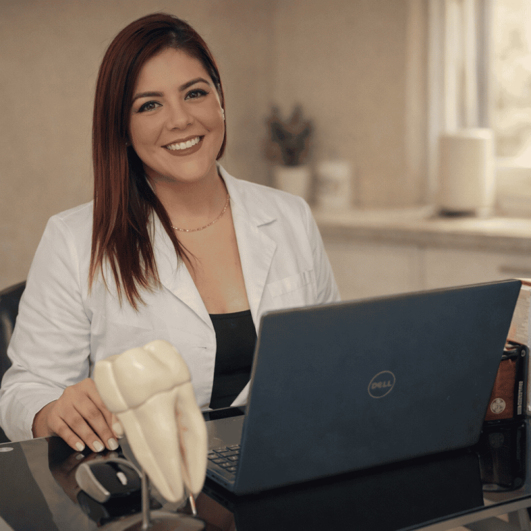 Dentist in Mazatlán with a friendly smile, sitting at her desk with dental models and a laptop.