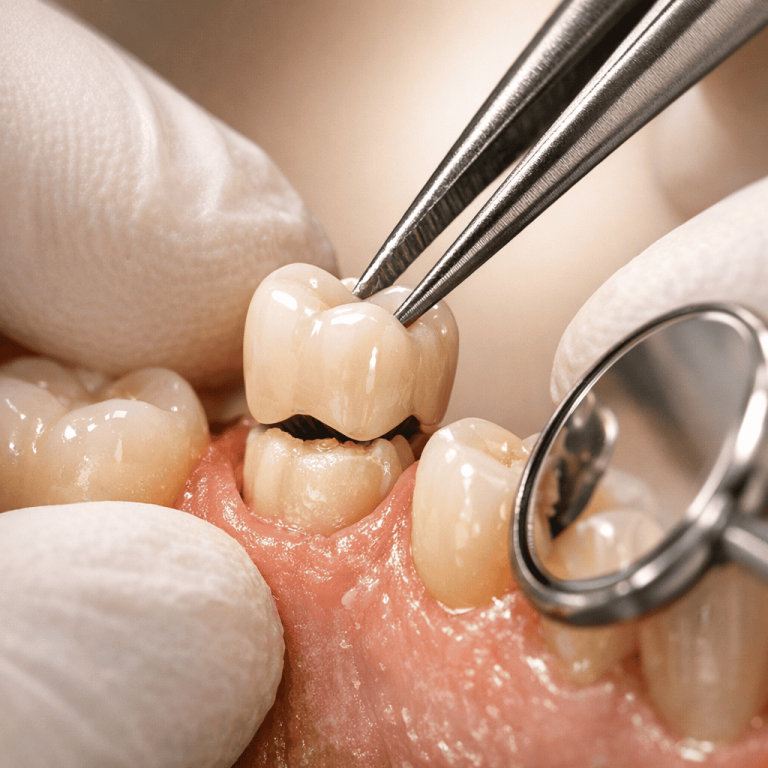 Close-up of a dental crown being placed on a molar tooth during restorative treatment.