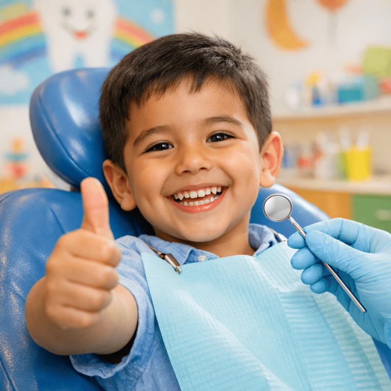 Happy child giving thumbs up at the dentist.